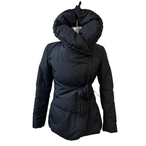 Dana Buchman Down Puffer Coat Black Wrap Front Zip Women’s Medium Flower Tie - Picture 1 of 9